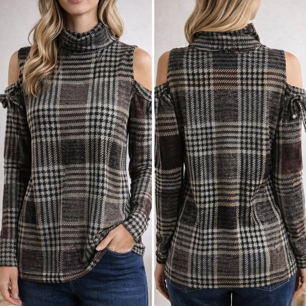 143 Story plaid turtleneck cold shoulder long sleeve top/sweater - Small